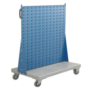 Mobile mild steel small parts trolley with louvred panels on non-marking rubber castors